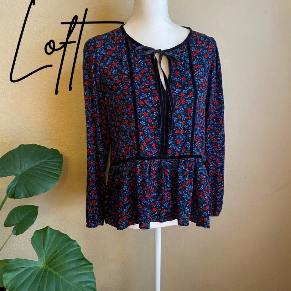 Loft Floral Velvet Trim Peplum Blouse